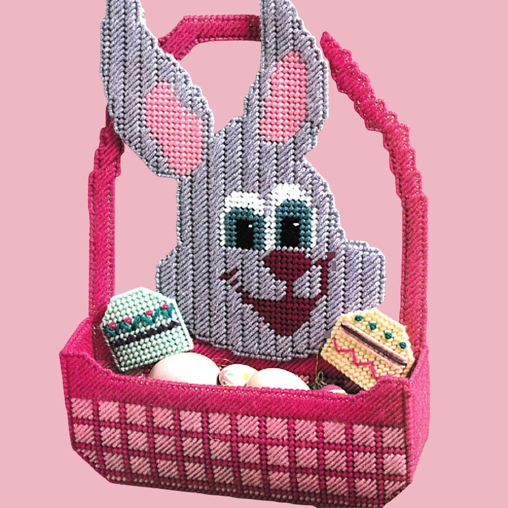 Vintage Easter Plastic Canvas Pattern: Easter Bright Wall Basket.  Fill tummies and this bunny basket with tasty treats. Wall basket made using 7-count plastic canvas + worsted weight yarn. 