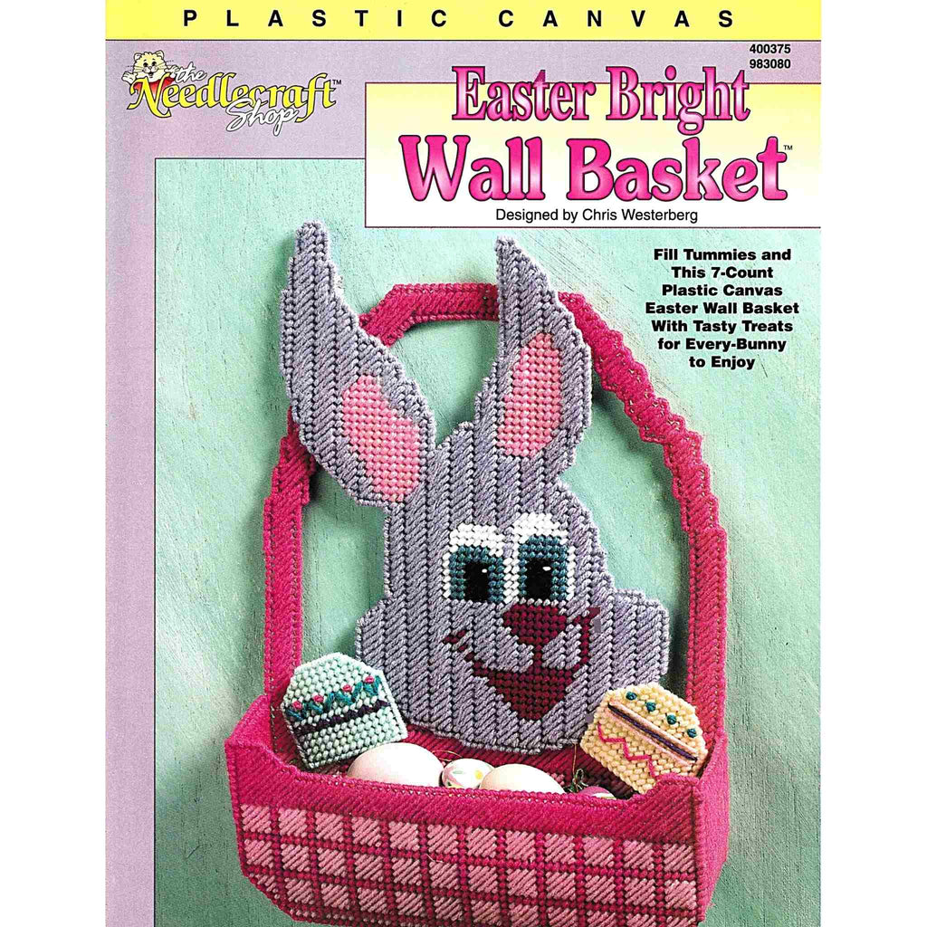 Vintage Easter Plastic Canvas Pattern: Easter Bright Wall Basket.  Fill tummies and this bunny basket with tasty treats. Wall basket made using 7-count plastic canvas + worsted weight yarn. 