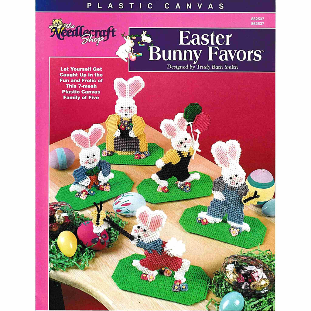 Vintage Easter Plastic Canvas Pattern: Easter Bunny Favors.  Let yourself get caught up in the fun and frolic of this family of five playful bunnies to be made using yarn and 7-count plastic canvas. cover
