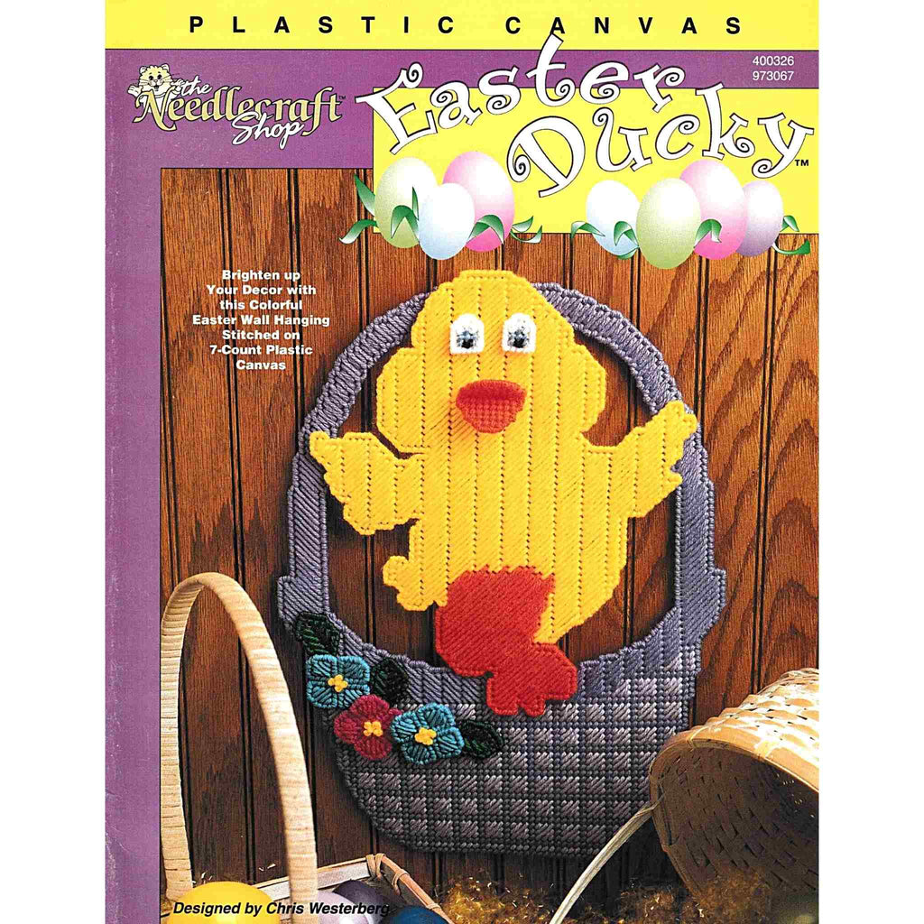 Vintage Easter Plastic Canvas Pattern: Easter Ducky.  Brighten up your decor with this colorful Easter wall hanging made using worsted-weight yarn and 7-count plastic canvas.