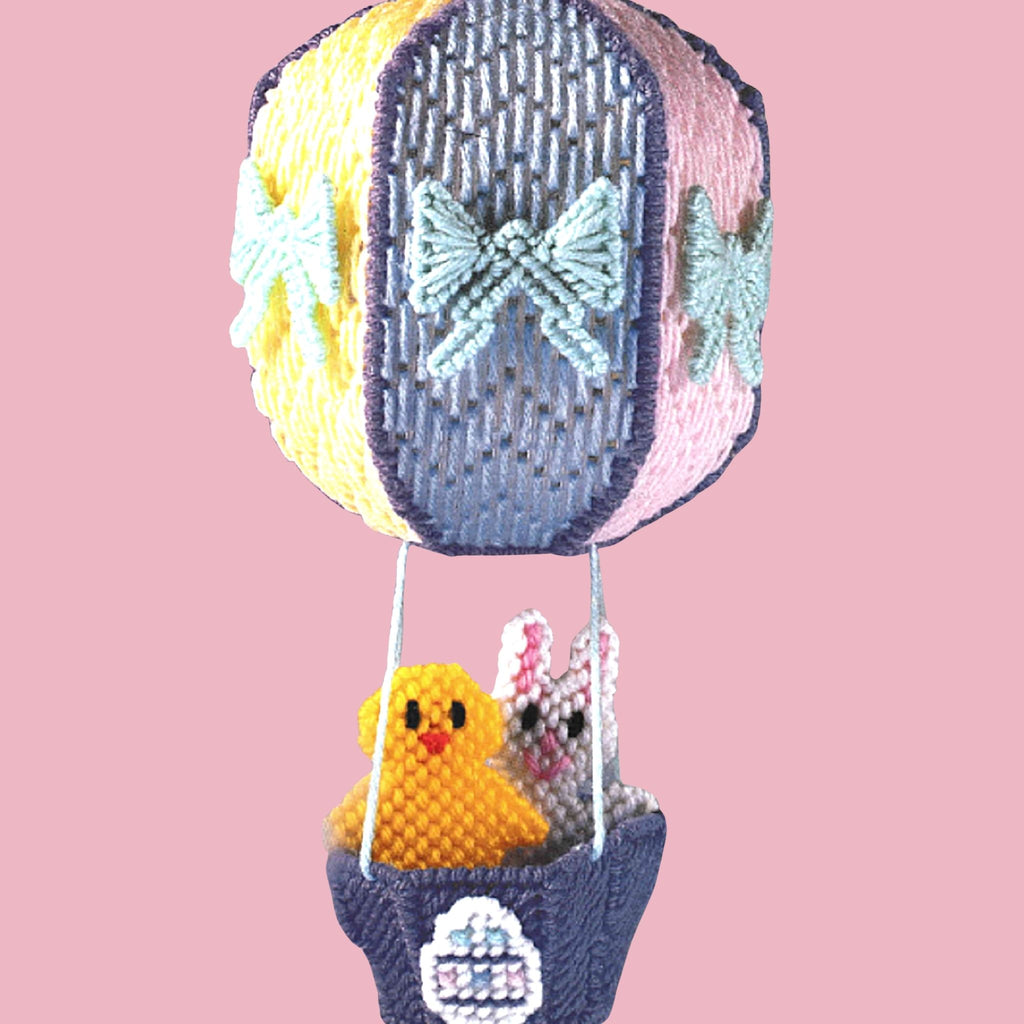 Vintage Easter Plastic Canvas Needlecraft Pattern: Easter Party Balloon.  Let your imagination soar with this uplifting hot air balloon and Easter friends, to be made using worsted-weight yarn and 7-count plastic canvas. detail