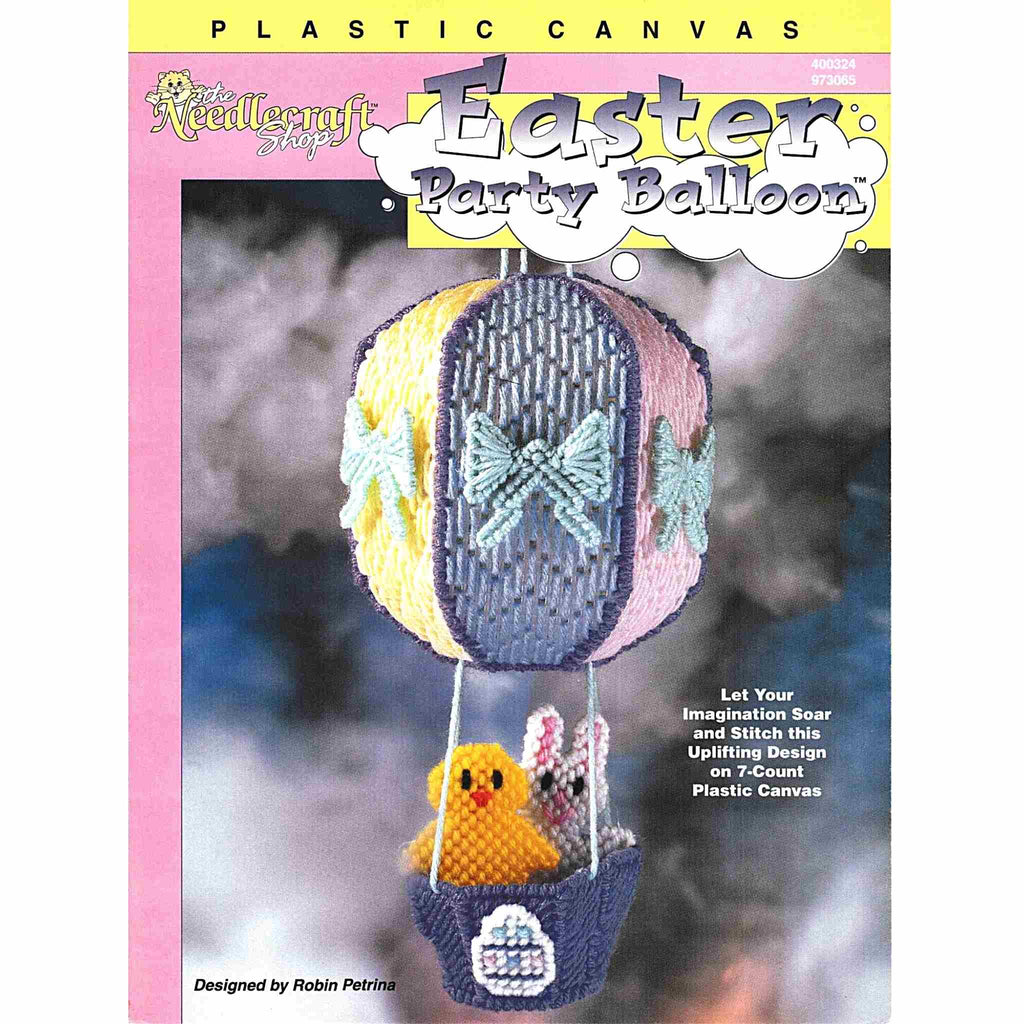 Vintage Easter Plastic Canvas Needlecraft Pattern: Easter Party Balloon.  Let your imagination soar with this uplifting hot air balloon and Easter friends, to be made using worsted-weight yarn and 7-count plastic canvas. cover