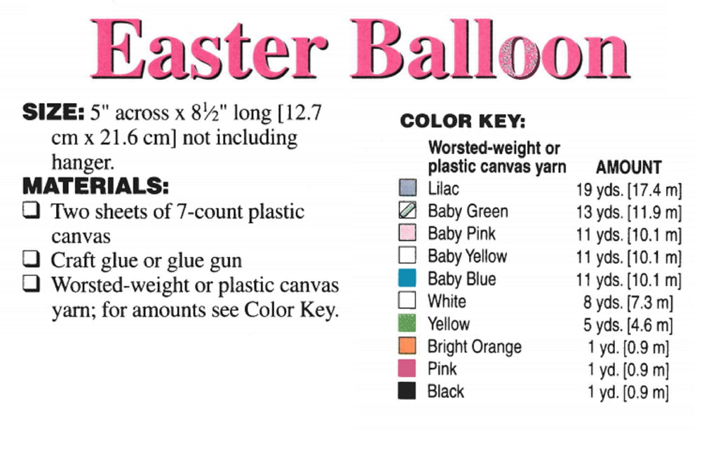 Vintage Easter Plastic Canvas Needlecraft Pattern: Easter Party Balloon.  Let your imagination soar with this uplifting hot air balloon and Easter friends, to be made using worsted-weight yarn and 7-count plastic canvas. supplies list