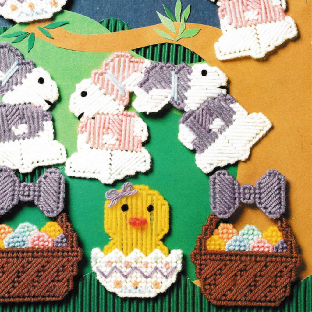 Vintage Easter Plastic Canvas Pattern: Easter Treats.  Hatch a batch of Easter fun to adorn baskets, plant pokes, and more. Pattern charts for baby chicks, Easter egg baskets, and bunny rabbits to be made using worsted-weight yarn and 7-count plastic canvas.