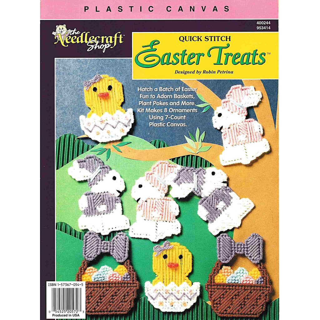 Vintage Easter Plastic Canvas Pattern: Easter Treats.  Hatch a batch of Easter fun to adorn baskets, plant pokes, and more. Pattern charts for baby chicks, Easter egg baskets, and bunny rabbits to be made using worsted-weight yarn and 7-count plastic canvas.