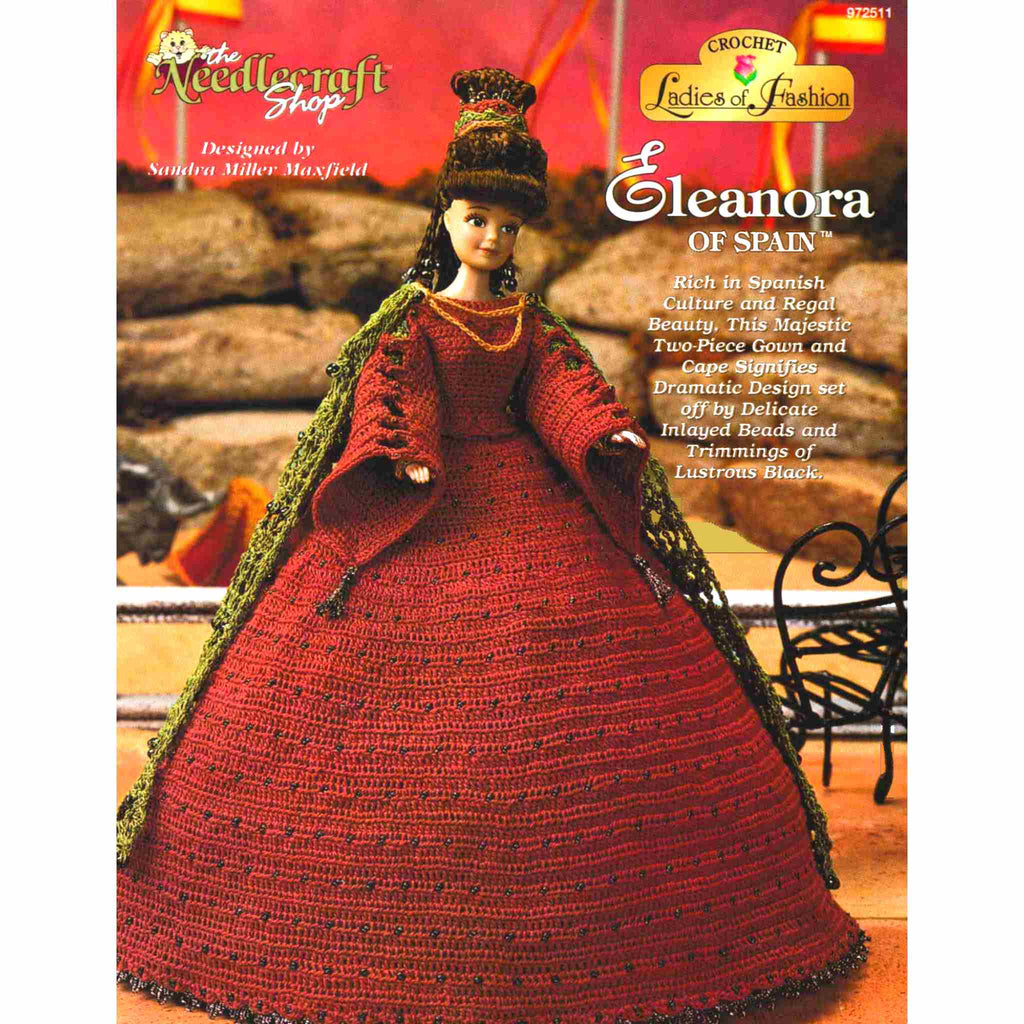 Vintage Fashion Doll Thread Crochet Pattern: Ladies of Fashion, Eleanora of Spain. Rich in Spanish culture and regal beauty, this majestic two-piece gown and cape signifies dramatic design set off by delicate inlaid beads and trimmings of lustrous black. Stitched using size-10 bedspread cotton for your 11-½" fashion doll.