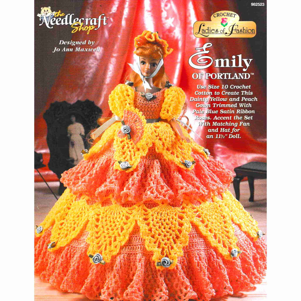 Vintage Fashion Doll Thread Crochet Pattern: Ladies of Fashion, Emily of Portland. Dainty yellow and peach gown trimmed with pale blue satin ribbon. Crocheted using size-10 cotton for your 11-½" fashion doll. 