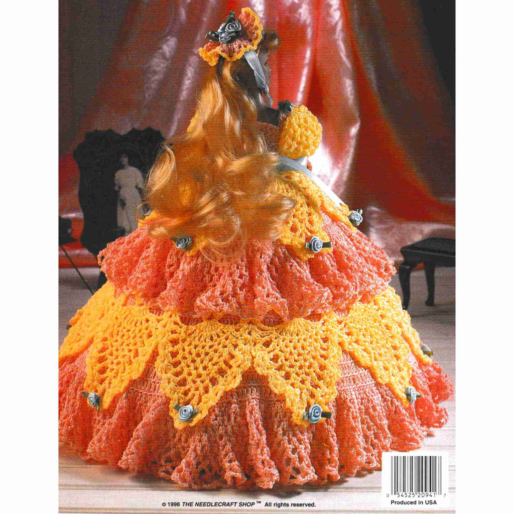 Vintage Fashion Doll Thread Crochet Pattern: Ladies of Fashion, Emily of Portland. Dainty yellow and peach gown trimmed with pale blue satin ribbon. Crocheted using size-10 cotton for your 11-½" fashion doll. 