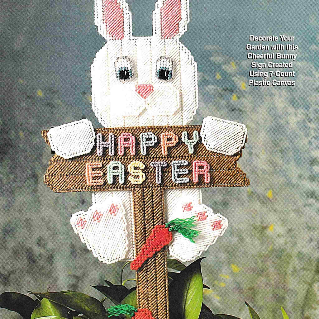 Vintage Easter Plastic Canvas Needlecraft Pattern: Garden Sign Bunny.  Springtime Happy Easter welcome sign with the sweetest bunny rabbit made using worsted-weight yarn and 7-count plastic canvas. 