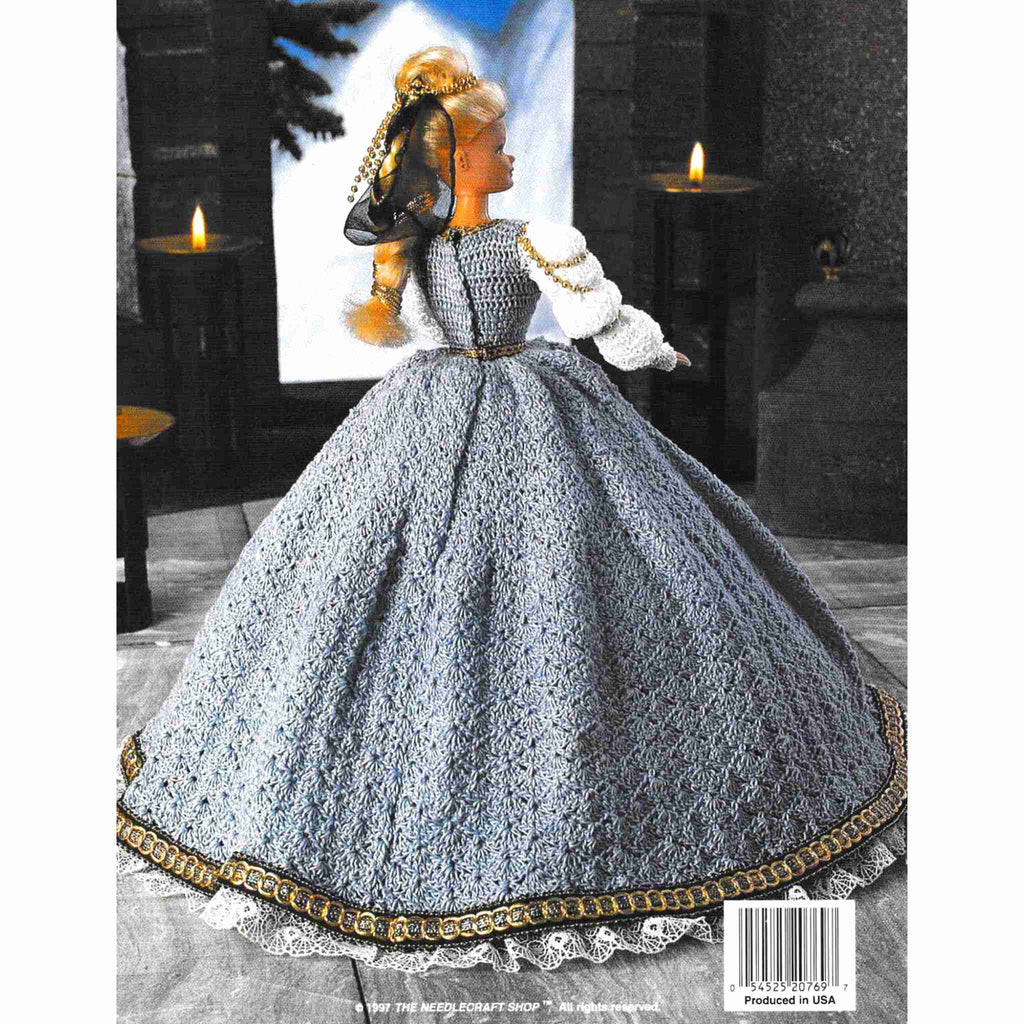 Vintage Fashion Doll Thread Crochet Pattern: Ladies of Fashion, Guinevere of Geneva. Recapture the enchantment of the Renaissance era with this elegant gown with gold trimmings. Crocheted using size-10 cotton for your 11-½" fashion doll. 