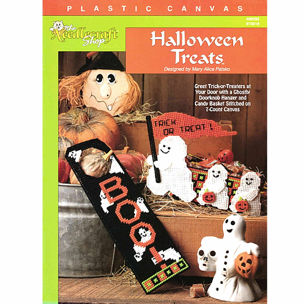 Vintage Plastic Canvas Pattern: Halloween Treats. Greet trick-or-treaters at your door with a ghostly doorknob hanger and candy basket stitched on 7-count canvas. 