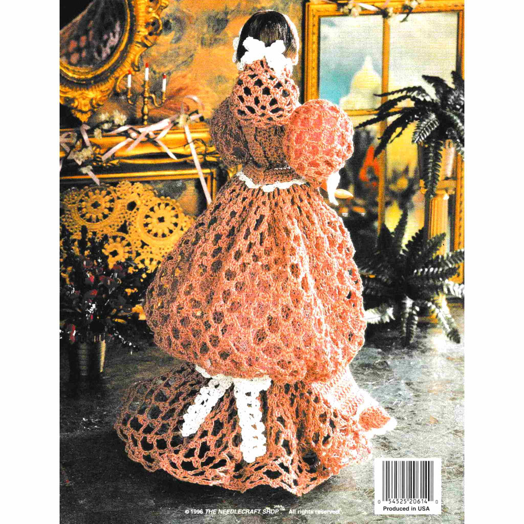 Vintage Fashion Doll Dress Thread Crochet Pattern: Ladies of Fashion, Hanna's Venetian Gown. Delicate white scallops edge this bridesmaid's gown of the late 1800s, accented by a matching snood. Crocheted using size-10 cotton for your 11-½" fashion doll. 