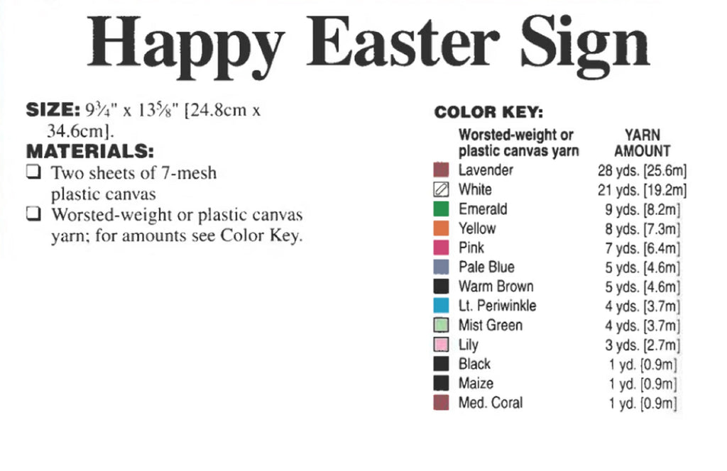 Vintage Easter Plastic Canvas Needlecraft Pattern: Happy Easter Sign.  Greet family and friends with this cheery holiday sign stitched with yarn on 7-count plastic canvas. supplies needed to make this pattern