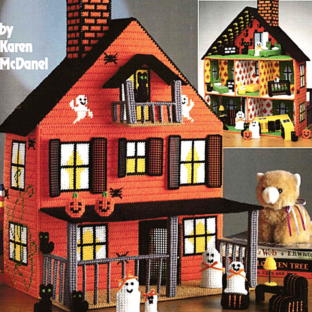 Halloween Plastic Canvas Pattern: Haunted Dollhouse. Even a family of ghosts deserves the comfort of a beautifully furnished home!  A wonderfully spooky dollhouse that is about 19" tall. 