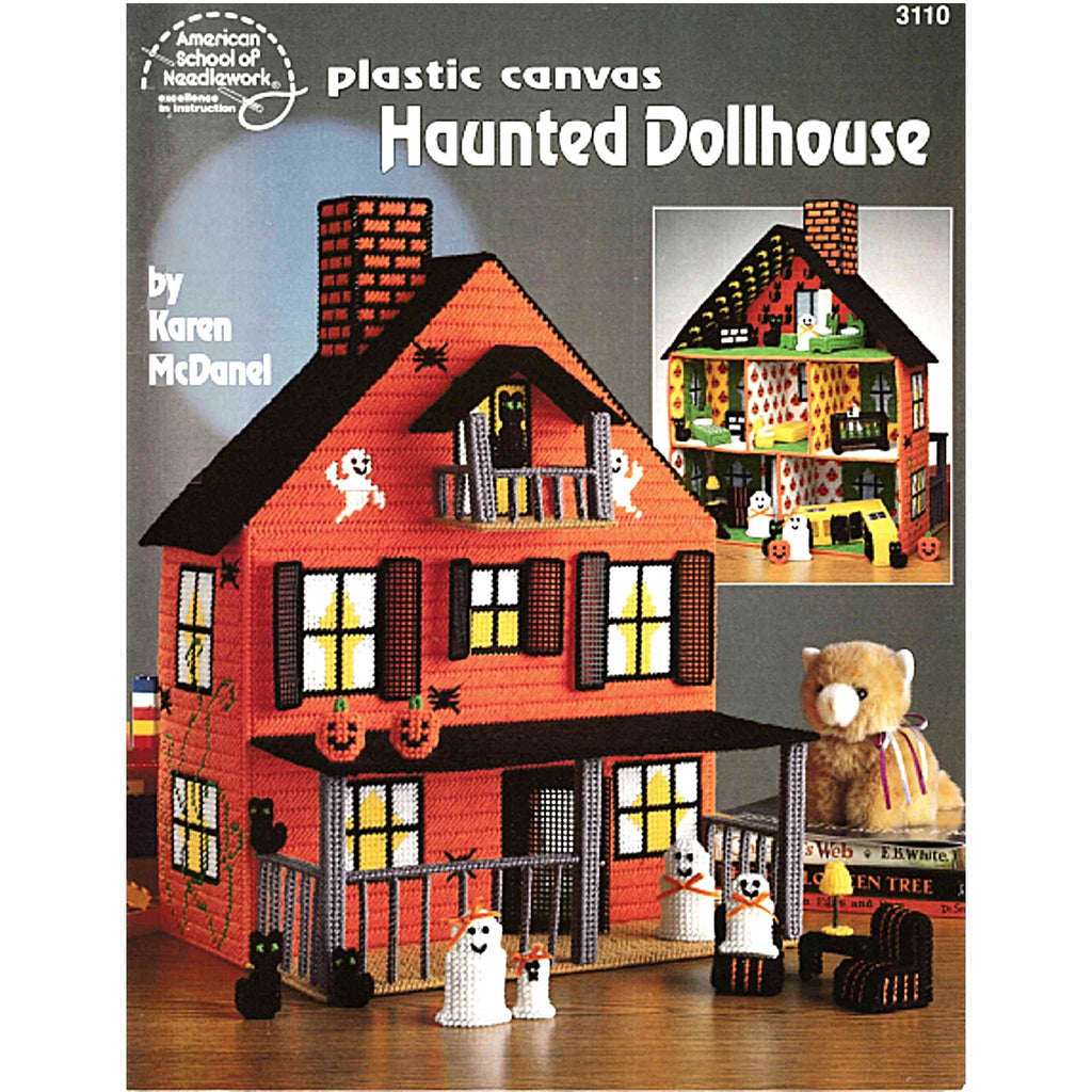 Halloween Plastic Canvas Pattern: Haunted Dollhouse. Even a family of ghosts deserves the comfort of a beautifully furnished home!  A wonderfully spooky dollhouse that is about 19" tall. 