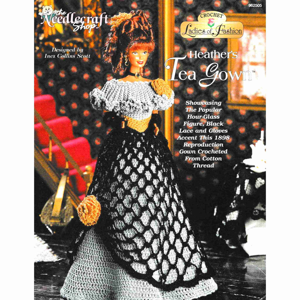 Vintage Fashion Doll Dress Thread Crochet Pattern: Ladies of Fashion, Heather's Tea Gown. Showcasing the popular hourglass figure, black lace and gloves accent this 1898 reproduction gown. Crocheted using size-10 cotton for your 11-½" fashion doll. 