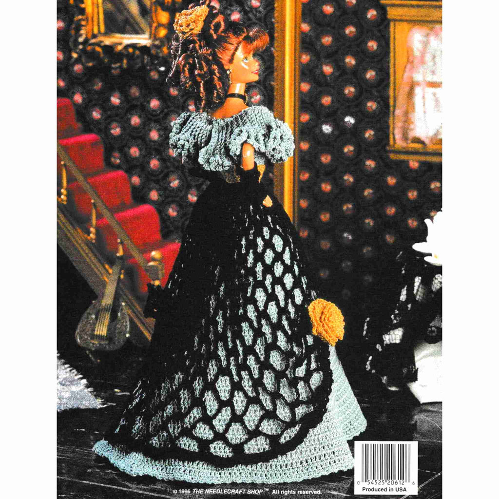 Vintage Fashion Doll Dress Thread Crochet Pattern: Ladies of Fashion, Heather's Tea Gown. Showcasing the popular hourglass figure, black lace and gloves accent this 1898 reproduction gown. Crocheted using size-10 cotton for your 11-½" fashion doll. 