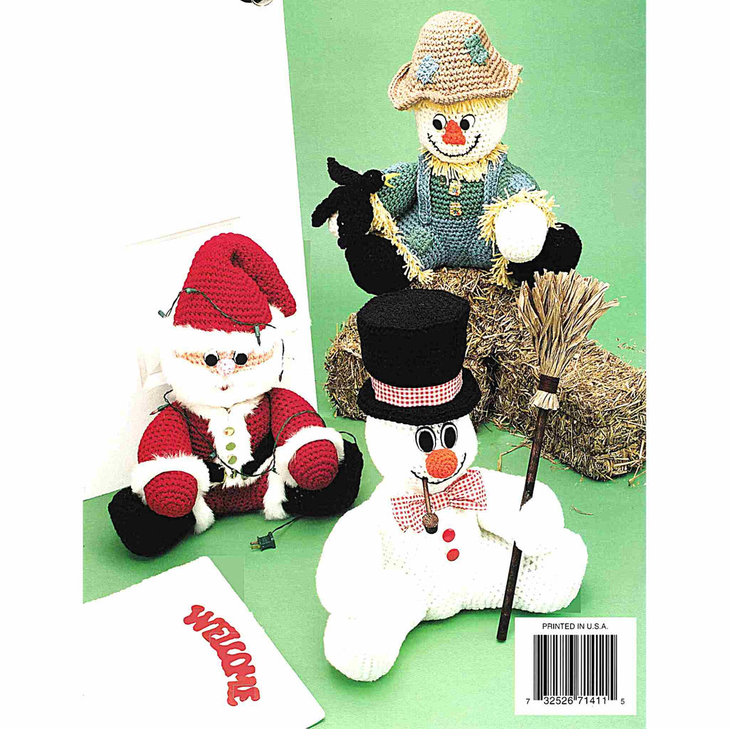 Vintage Crochet Pattern Booklet: Holiday Doorstops Volume 1. Seasonal doorstops made using #4 medium-weight yarn. Patterns included for Jolly Snowman, Santa Claus, Scarecrow, Witch, and Uncle Sam.
