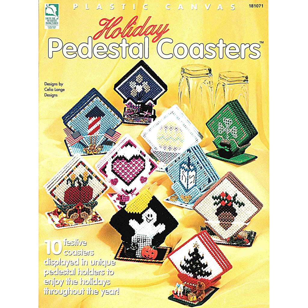 Vintage Plastic Canvas Booklet: Holiday Pedestal Coasters. Ten festive coasters displayed in unique pedestal holders to enjoy the holidays throughout the year! Stitch with medium-weight yarn and 7-count plastic canvas. 