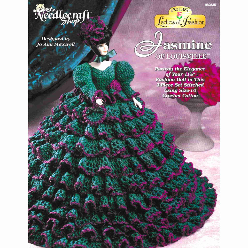 Vintage Fashion Doll Dress Thread Crochet Pattern: Ladies of Fashion, Jasmine of Louisville. Ruffled elegance in this 3-piece set (gown, hat, handbag). Crocheted using size-10 cotton for your 11-½" fashion doll.