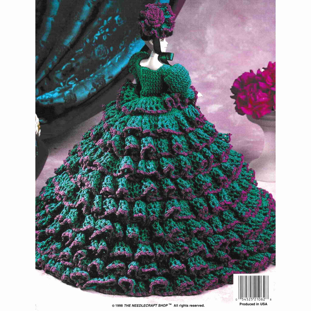 Vintage Fashion Doll Dress Thread Crochet Pattern: Ladies of Fashion, Jasmine of Louisville. Ruffled elegance in this 3-piece set (gown, hat, handbag). Crocheted using size-10 cotton for your 11-½" fashion doll.