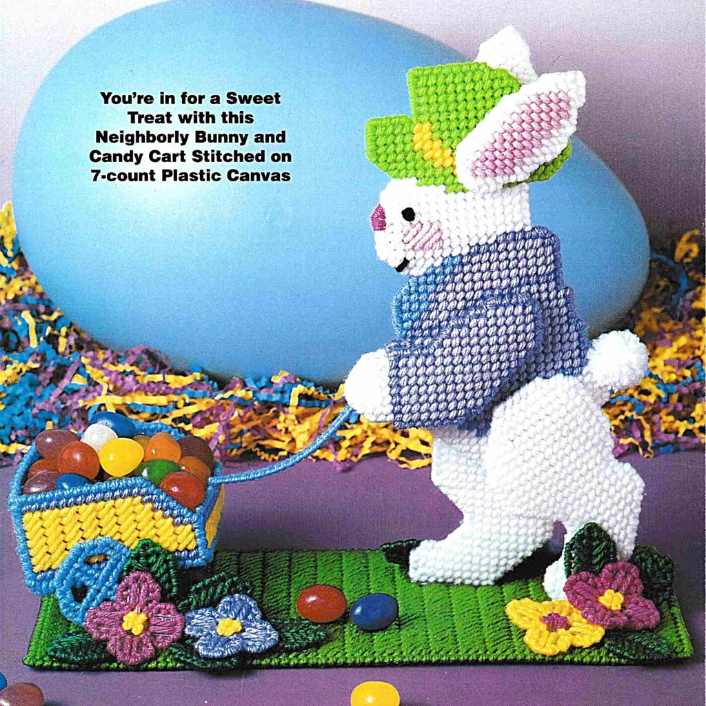 Vintage Easter Plastic Canvas Needlecraft Pattern: Jelly Bean Bunny.  You're in for a sweet treat with this neighborly bunny and candy cart to be made using worsted-weight yarn and 7-count plastic canvas. detail