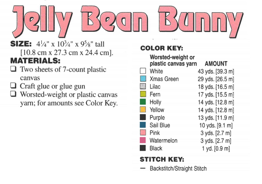 Vintage Easter Plastic Canvas Needlecraft Pattern: Jelly Bean Bunny.  You're in for a sweet treat with this neighborly bunny and candy cart to be made using worsted-weight yarn and 7-count plastic canvas. supplies list