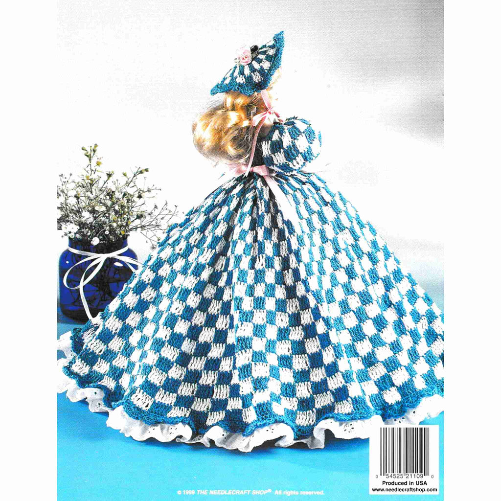 Vintage Fashion Doll Dress Thread Crochet Pattern: Ladies of Fashion, Krislyn of Statesboro. An eye-catching blue and white matching ensemble. Crocheted using size-10 cotton for your 11-½" fashion doll.