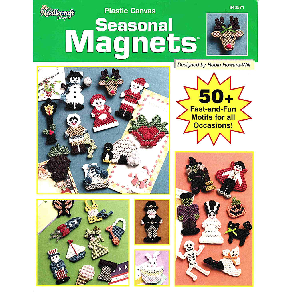 Vintage Plastic Canvas Pattern Booklet: Seasonal Magnets. 50+ fast-and-fun motifs for all seasons. These designs would make excellent little brooches too- just switch out a pin for the magnet! General materials include 7-count plastic canvas and #4 medium-weight yarn. 