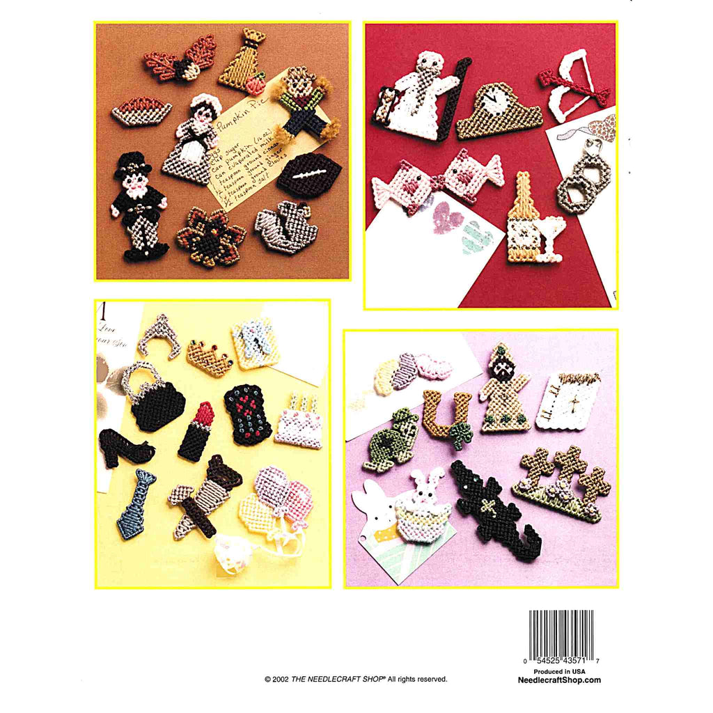 Vintage Plastic Canvas Pattern Booklet: Seasonal Magnets. 50+ fast-and-fun motifs for all seasons. These designs would make excellent little brooches too- just switch out a pin for the magnet! General materials include 7-count plastic canvas and #4 medium-weight yarn. 