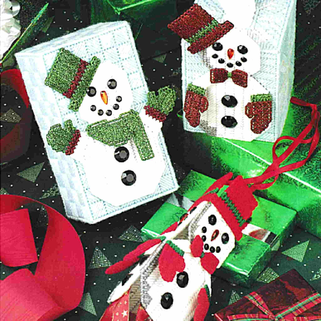 Snowman Trio Tissue Box Cover Plastic Canvas Needlecraft Pattern