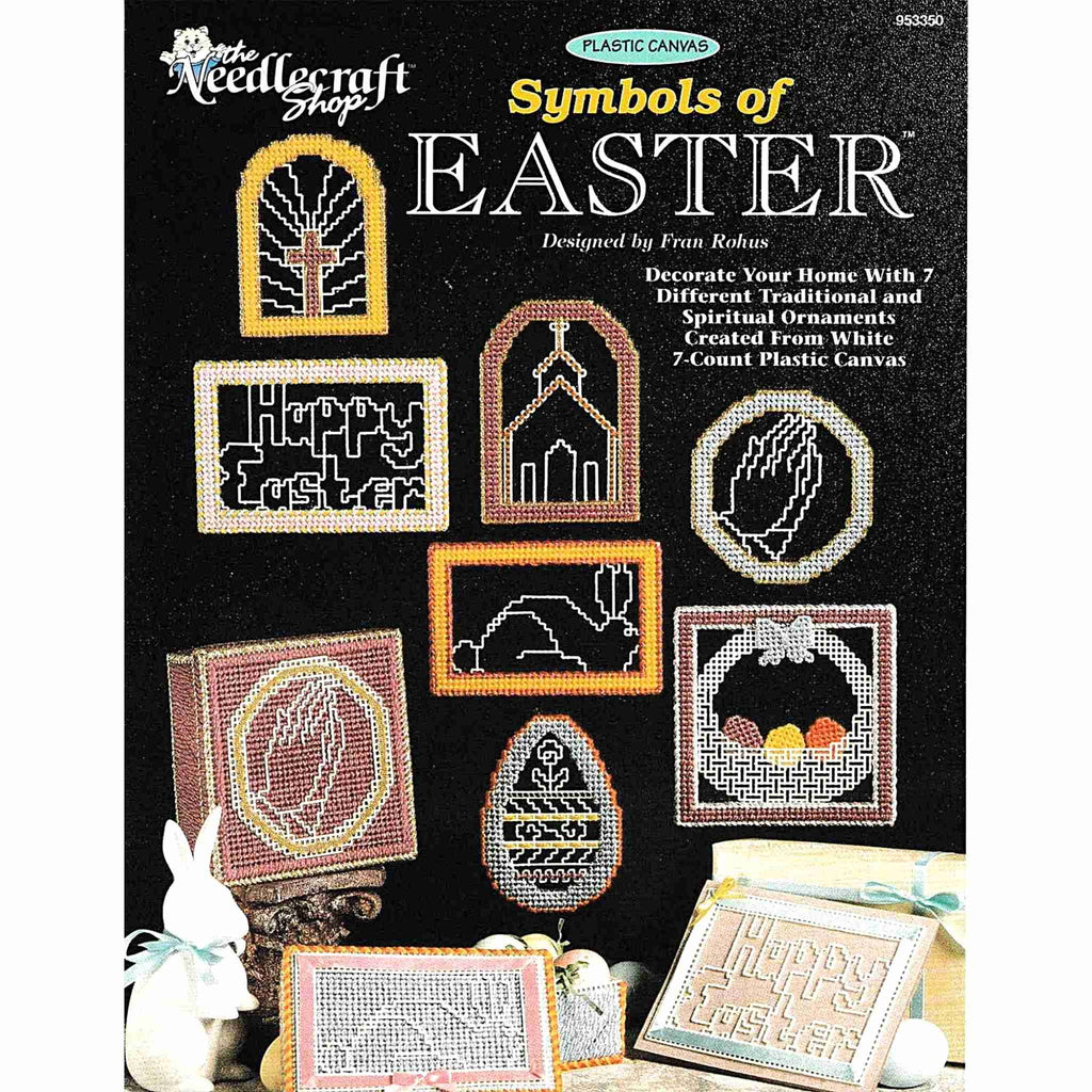 Vintage Easter Plastic Canvas Needlecraft Pattern: Symbols of Easter.  Decorate your home with 7 different traditional and spiritual ornaments to be made using worsted-weight yarn and 7-count white plastic canvas.  front cover