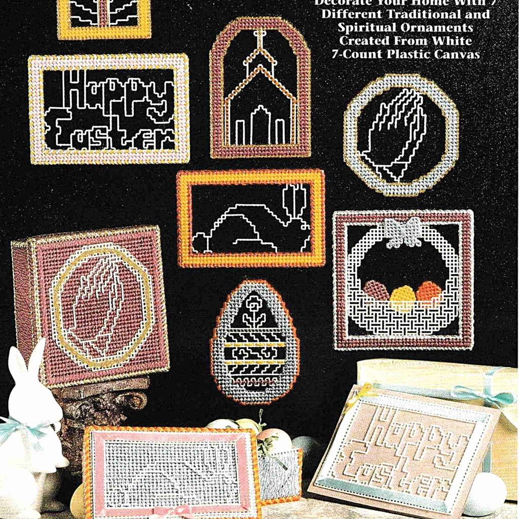 Vintage Easter Plastic Canvas Needlecraft Pattern: Symbols of Easter.  Decorate your home with 7 different traditional and spiritual ornaments to be made using worsted-weight yarn and 7-count white plastic canvas.  detail