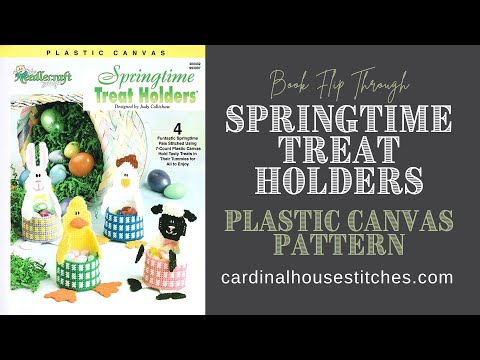 Vintage Plastic Canvas Pattern: Springtime Treat Holders. 4 funtastic springtime pals, to be stitched using 7-count plastic canvas mesh, hold tasty treats in their tummies for all to enjoy. Patterns included for rabbit, chicken, duck, and lamb.