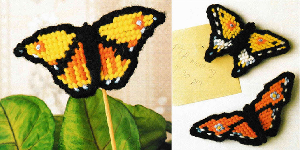 Vintage Plastic Canvas Pattern: Butterfly Magnets & Plant Pokes. Basic materials you'll need are 7-count plastic canvas sheets and worsted/ #4 medium-weight yarn. 